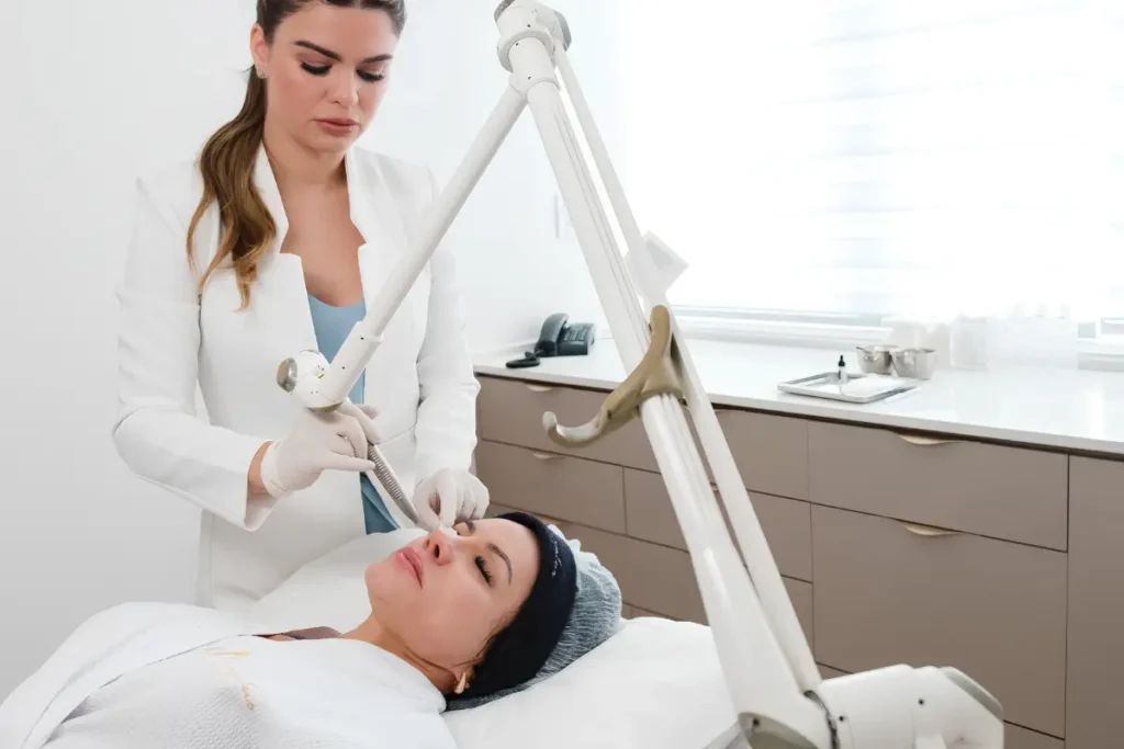 Dermatologista realizando tratamento facial com tecnologia laser em clínica dermatológica.