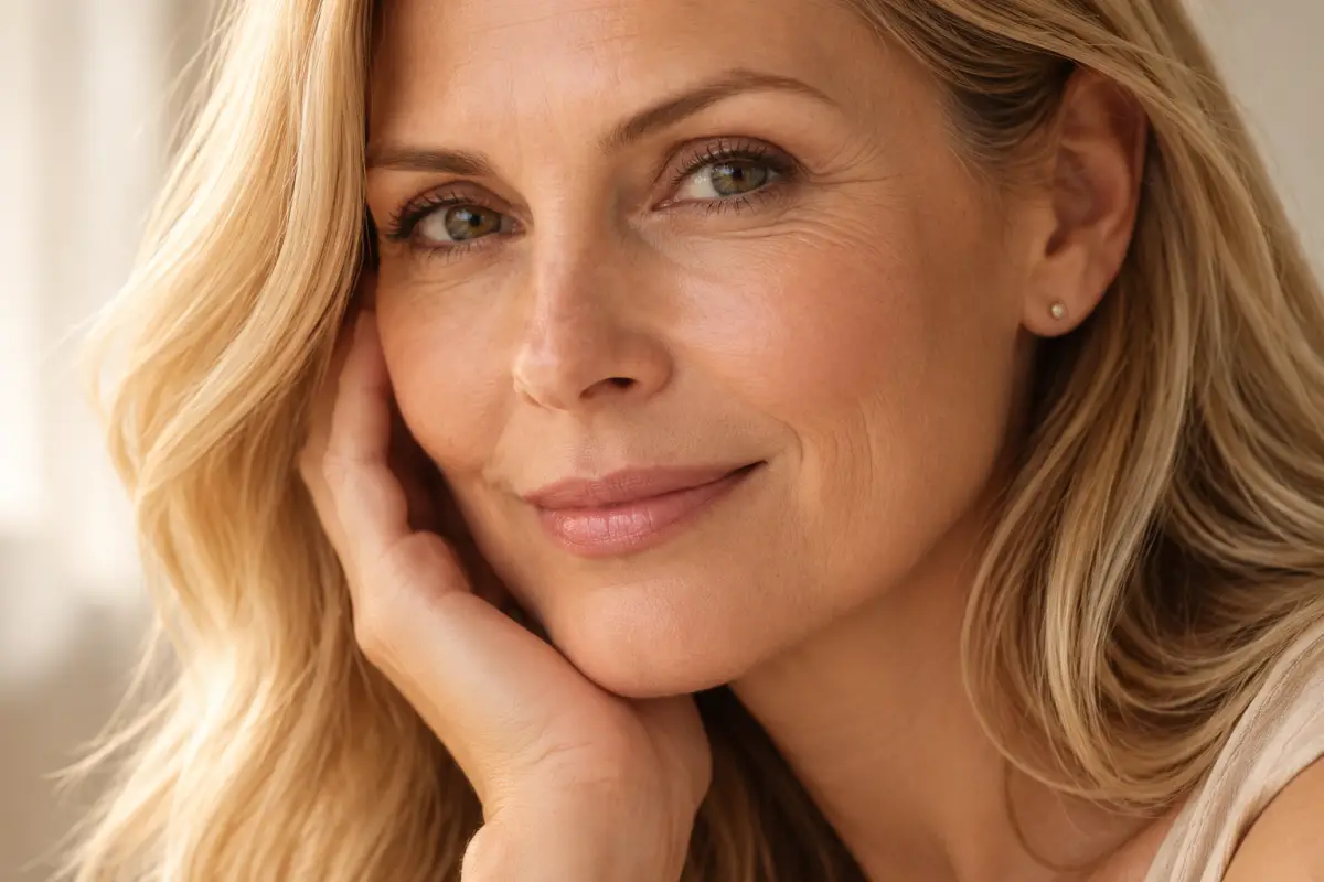 Mulher adulta com pele luminosa e textura natural, ilustrando o conceito de rejuvenescimento facial.